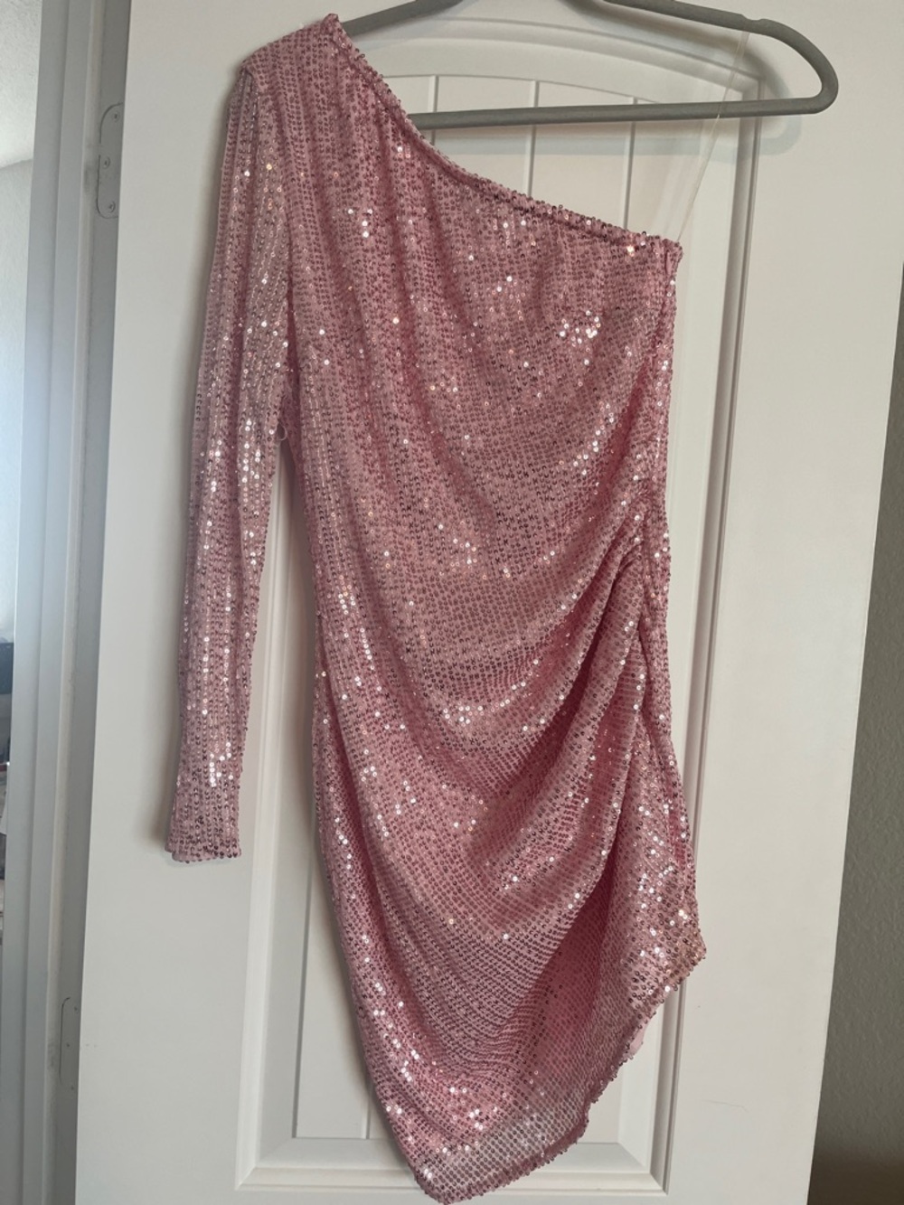 One-Shoulder Pink Sequin Mini Dress